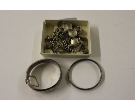 A box of silver and white metal jewellery to include a bangle; a charm bracelet etc.