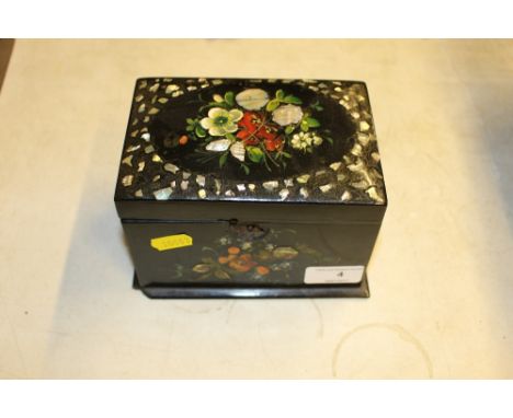 A Victorian papier mache and mother of pearl inlaid two compartment tea caddy