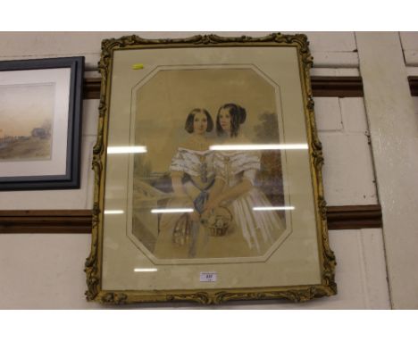 A gilt framed watercolour and white wash portrait study depicting two young ladies holding a basket of flowers