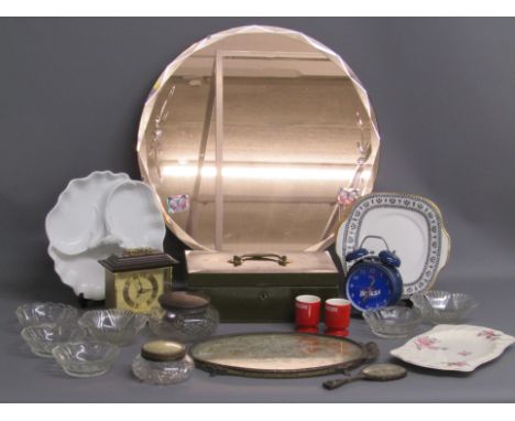 Wall mirror, money tin, glass dishes, Avia quartz mantel clock, Horlicks alarm clock, Nescafe egg cups, etc