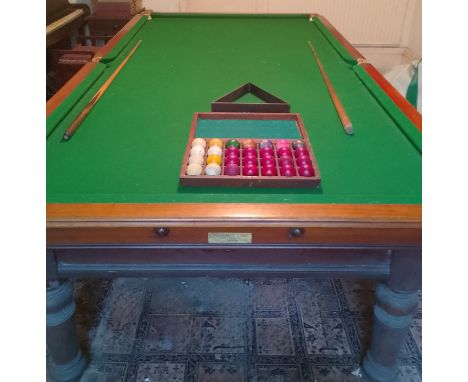 Burroughes &amp; Watts (Soho, London) 3/4 size snooker table, cues, balls, cover &amp; wall mounted score board - this item i