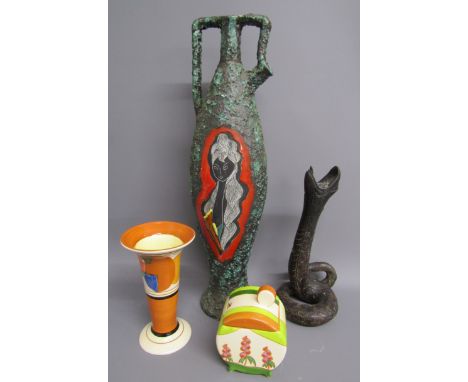 Clarice Cliff vase and jam pot 1993 MMA&nbsp; reproduction pieces, lava vase signed 'SAM RSM' and cast metal snake candle hol