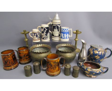 Small brass pots and candlesticks, Ridgways 'Coaching Scenes' tankards, blue and gilded pot and jug, steins, Copeland Spode j