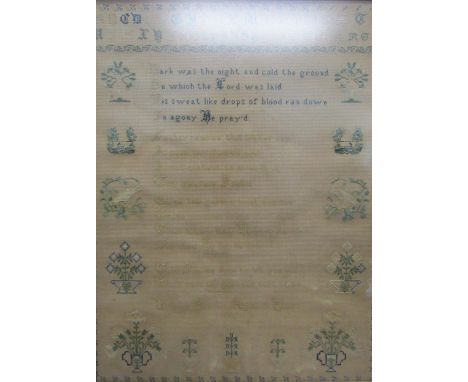 Framed Victorian sampler with alphabet and poem  by Robert Parker 1856 aged 13 - approx. 48.5cm x 62cm   'Dark was the night 