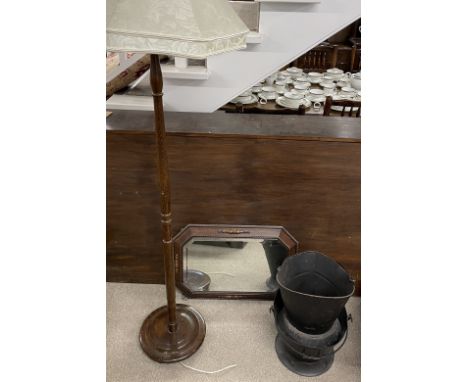 Mahogany standard lamp, 1930's wall mirror &amp; 2 coal buckets