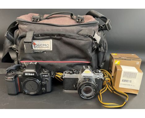 Nikon AF F-801s camera, Nikon FE2 camera, digital camera attachment, field scope bracket &amp; a camera bag