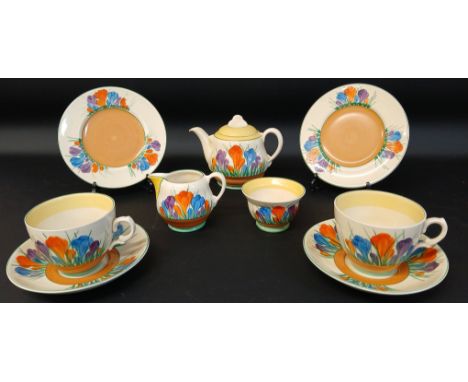 Clarice Cliff Royal Staffordshire Windsor tea for two set, Autumn Crocus pattern comprising teapot, sugar bowl, milk jug, two