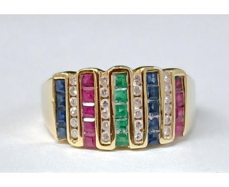 18ct gold ring set with channel set diamonds and square cut rubies, emeralds &amp; sapphires, (marked 750) 6.02g&nbsp;