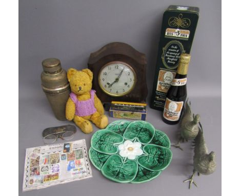 Collection of items includes Smiths Enfield bakelite clock, stamps , reading glasses, majolica type water lily plate, silver 