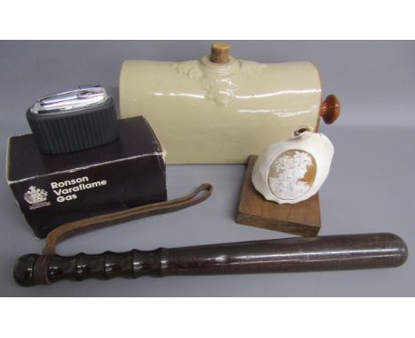 Tyzack and Sons truncheon with leather strap, carved conch shell, Ronson Varaflame Corinthian table light CO 200 &amp; stonew