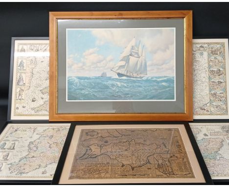 Set of 4 framed 20th century coloured maps, England, Ireland, Scotland, Wales, framed map of the Isle of Wight &amp; framed s
