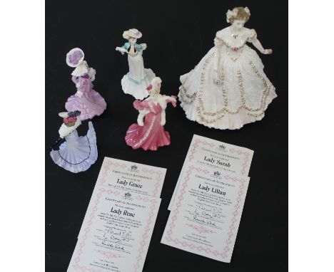 Five ceramic figurines, Royal Worcester - Sweetest Valentine 23cm, Coalport - Lady Rose, Lady Lillian, Lady Sarah, &amp; Lady