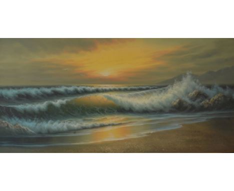 Large framed oil on board shoreline seascape under a setting sun - approx. 133cm by 73cm