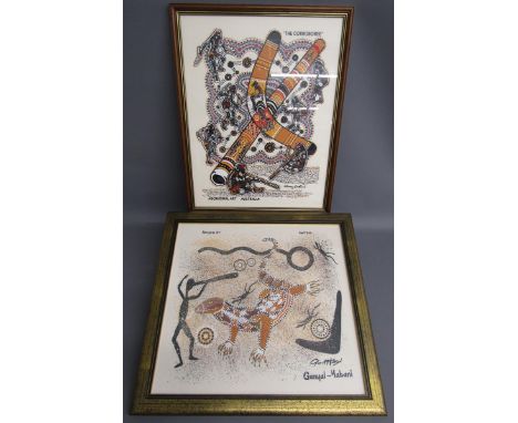 2 pieces of framed Aboriginal art on canvas - David Hudson Ganyal-yabani (51cm x 47cm &amp; Danny Eastwood 'The Corroboree' (