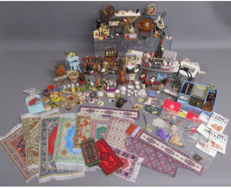 Collection of dolls house accessories includes cello, violin, sewing table, spinning wheel, toys, food, tea sets, selection o