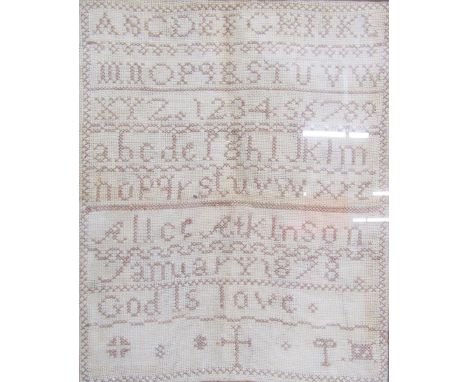 Alice Atkinson January 1878 'God is Love' alphabet and numbers sampler - approx. 35.5cm x 31cm