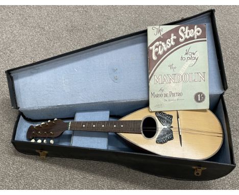Mandolin in a case with tutoring book