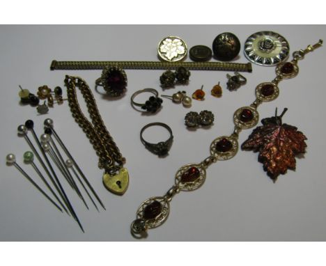 Costume jewellery includes earrings, hat pins, rolled gold bracelet with heart lock, 9ct &amp; silver ring, silver earrings e