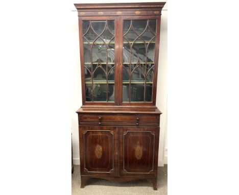 Georgian gothic influence display bookcase with inlaid decoration with writing slide and splayed bracket feet Ht 234cm W 105c