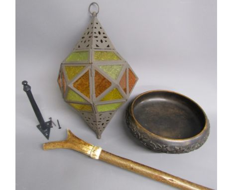 Horn tipped thumb stick, lantern with hanging bracket and wooden musical bowl&nbsp;
