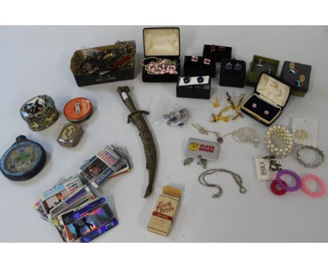 Mixed lot including costume jewellery, bracelets, cuff links, tins, 007 cards, Park Drive cards, ornamental dagger, pilgrim b