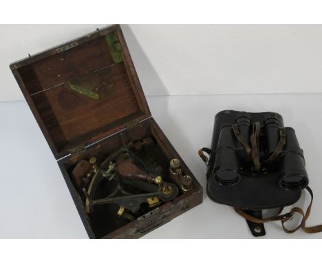 Pair of 7 x 50 USSR binoculars and brass sextant in box marked H A Johannesen