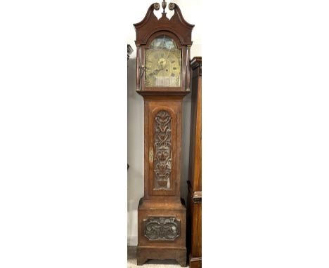 Early 19th century 8 day longcase clock by William Ward of Spilsby with automaton ship behind a brass dial set in a carved oa