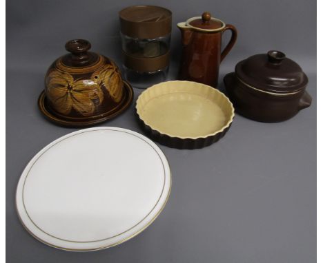 Royal Worcester 'Contessa' cake plate - pottery cheese dome - pair of glass canisters - stew pot - water pot and flan dish
