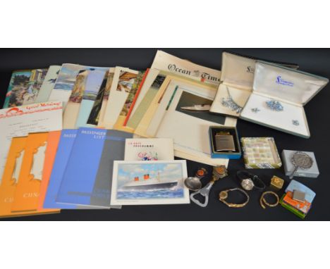 Quanity of 1940s / 50s Cunard menus, programmes &amp; passenger lists, 2 boxes of Francine costume jewellery, mother of pearl