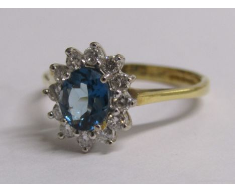 18ct gold diamond &amp; possibly blue topaz ring - ring size K - total weight 2.7g&nbsp;