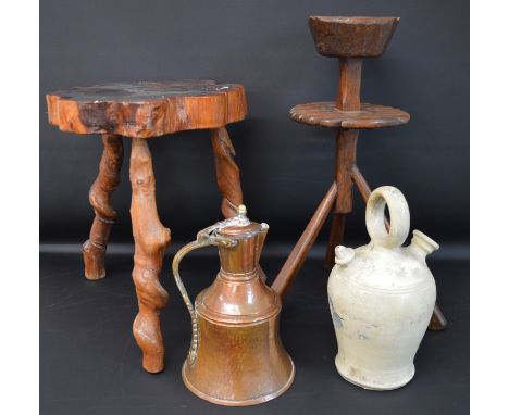 Wooden smokers / pipe stand, naturalistic wooden table, copper pitcher &amp; water jug / gargoulette