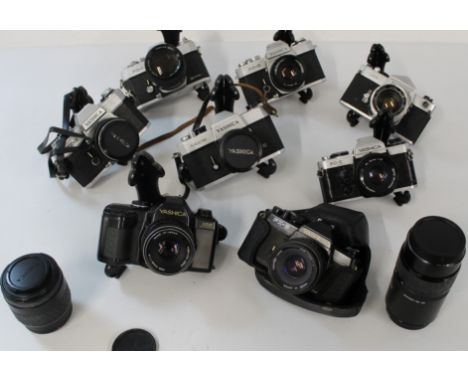 Selection of Yashica cameras to include, FX-D, J5, 2 x FX-2, FX-1 with 135 lens, TL Electro, FX3 black, 108 Multi program and