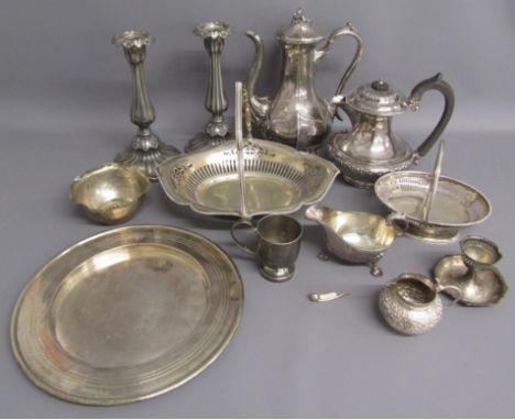 Silver plate teapot, sauce boat, footed basket, bowl, egg cup, cup, James Dixon and sons teapot &amp; candlesticks etc