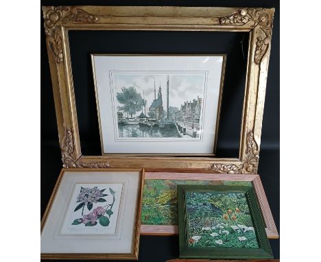 Large gilt wood frame 95cm x 75cm, limited edition framed etching depicting street view in Hoorn, North Holland signed in pen