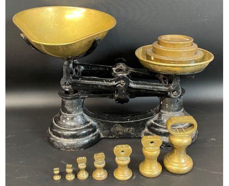 Set of kitchen scales along with weights &amp; bell weights