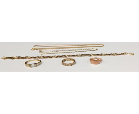9ct gold butterfly bracelet, 2 fine 9ct gold chains, 9ct gold eternity ring, 9ct gold opal ring ( 1 x stone missing) &amp; br