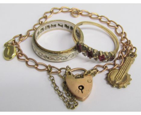 9ct gold small bracelet with heart lock 3.3g, 9ct gold ring with diamond effect stones- ring size N/O 3.2g &amp; 9ct garnet a