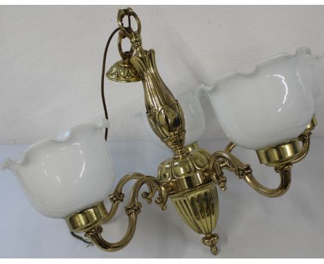 Five branch brass effect light fitting with globes, untested