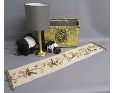 Fuji S4200 white camera with bag - Marks &amp; Spencer brass table lamp - brass paper rack and bird design tapestry bell pull
