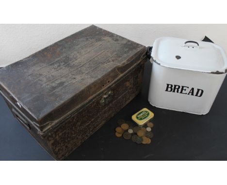 Trunk /&nbsp; Deed box, enamelled bread pin, small collection of coins in promotional tin