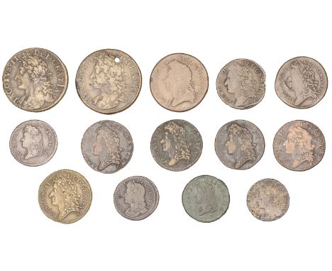 James II (1685-1691), Gunmoney coinage, Large Halfcrowns (2), both 1689 Oct:, small Halfcrown, 1690 May., large Shillings (7)