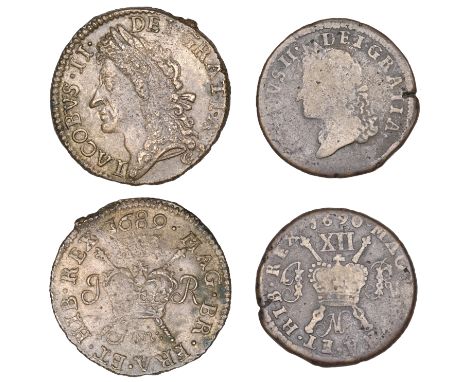 James II (1685-1691), Gunmoney coinage, Shilling, 1689, Jan:, 6.10g/12h (Timmins 1C; S 6581G); together with a small-size Shi