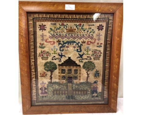 A 19th century framed sampler depicting a house and children dated 1891