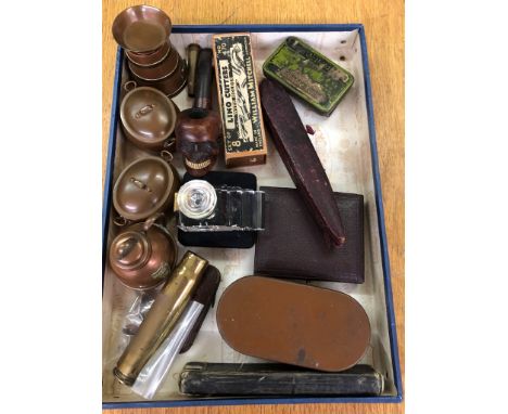 A box of odds to inc cigarette holder and pipe, cased instruments etc