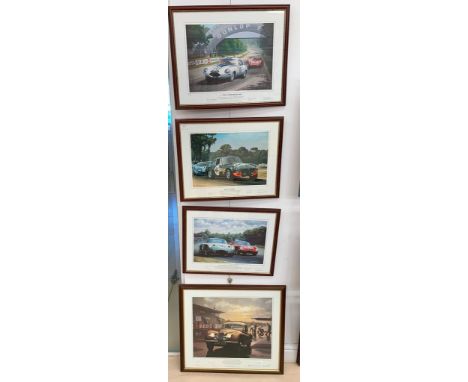 A set of four Limited Edition, hand-signed motor car prints by Keith Woodcock, hand-signed by artist &amp; drivers (4)