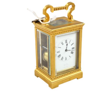 A good quality French gilt-brass cased carriage clock, 8-day movement striking on a gong, retailed Roberts of Leamington, cas