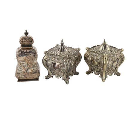 A pair of 19th century electroplate tea caddies in Rococo style, height 11cm, and a silver plate on copper caddy with embosse