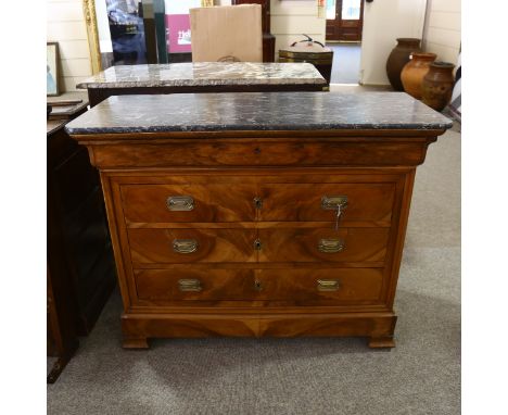A 19th century walnut commode, with crossbanded veneer to drawer sections, and black marble top, height 100cm, width 130cm, d