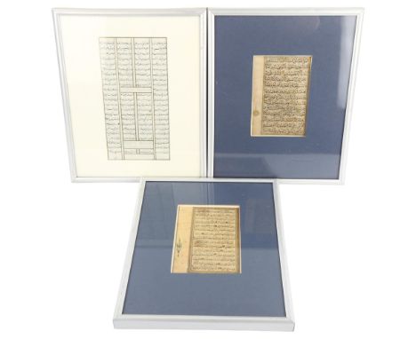 A sheet of handwritten and illuminated manuscript, Mathnavi Persia 1778/9, 18cm x 9.5cm, and a handwritten page from the Kora