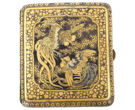 A Japanese Komai cigarette case, with inlaid design of fighting cockerels, 8 x 7cm 